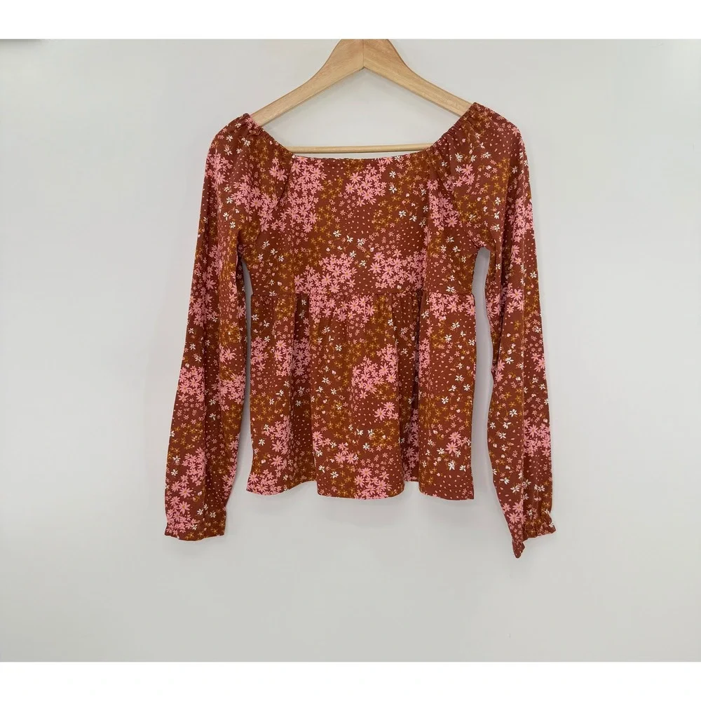 Children's Place Girls Brown Floral Smocked Square Neck Long Slv‎ Peasant Top XL